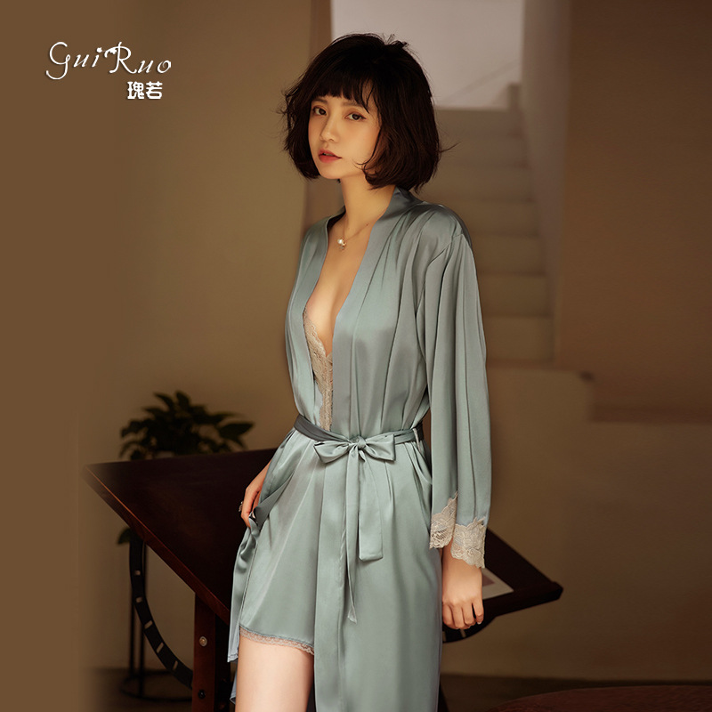 瑰若272春夏仿真丝绸蕾丝性感开襟诱惑薄款系带睡袍浴袍女家居服